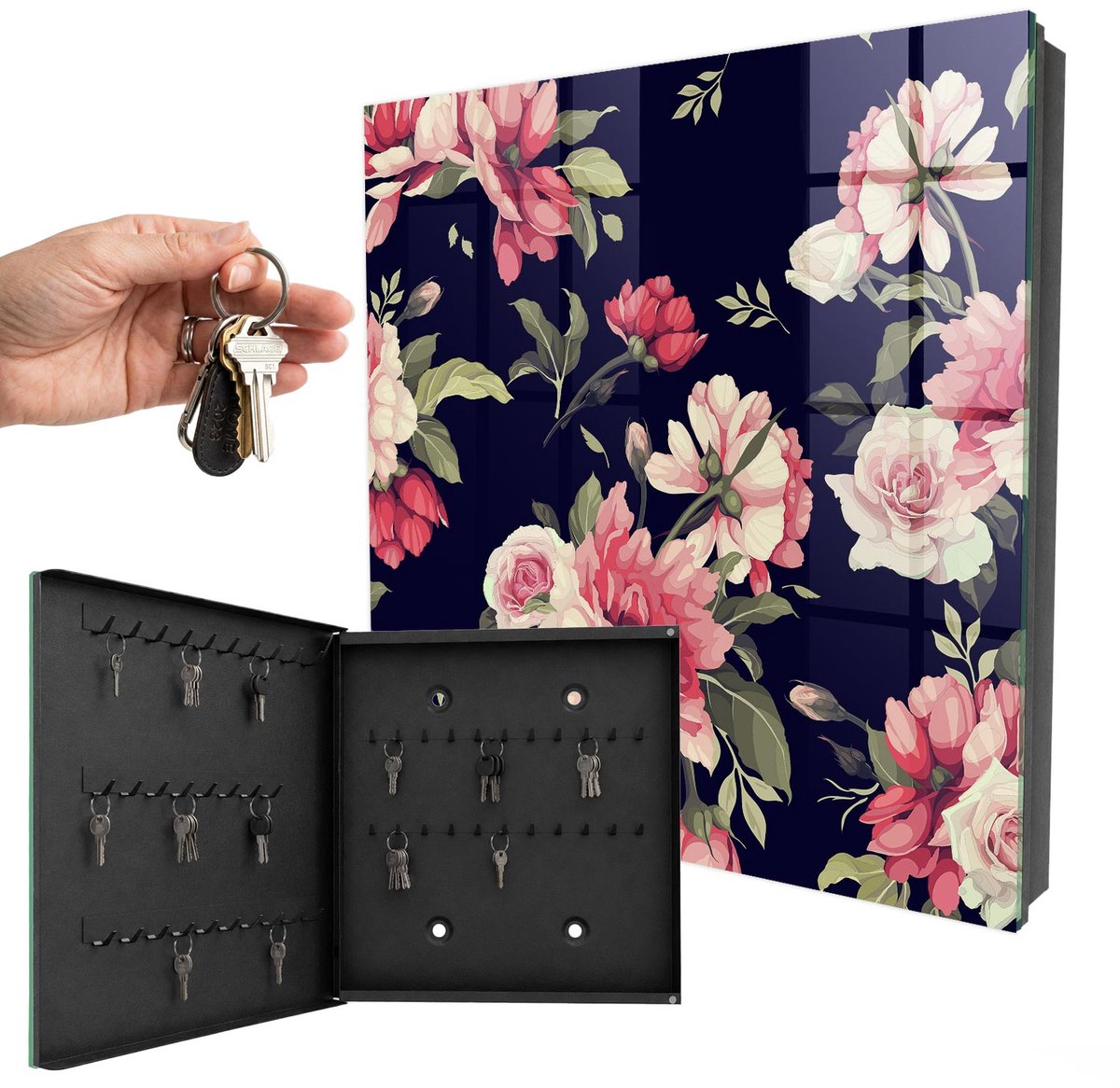 WallMuralia - Sleutelkast - 30x30x5 cm - met 50 haken - Romantische Bloemen Sleutelkastje Modern - Marine Sleutelbox - Linksopenend - Zwart interieur