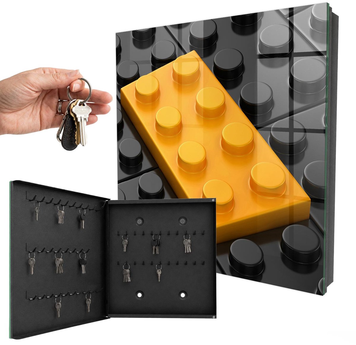 WallMuralia - Sleutelkast - 30x30x5 cm - met 50 haken - Geel Blok Sleutelkastje Modern - Geel Sleutelbox - Linksopenend - Zwart interieur