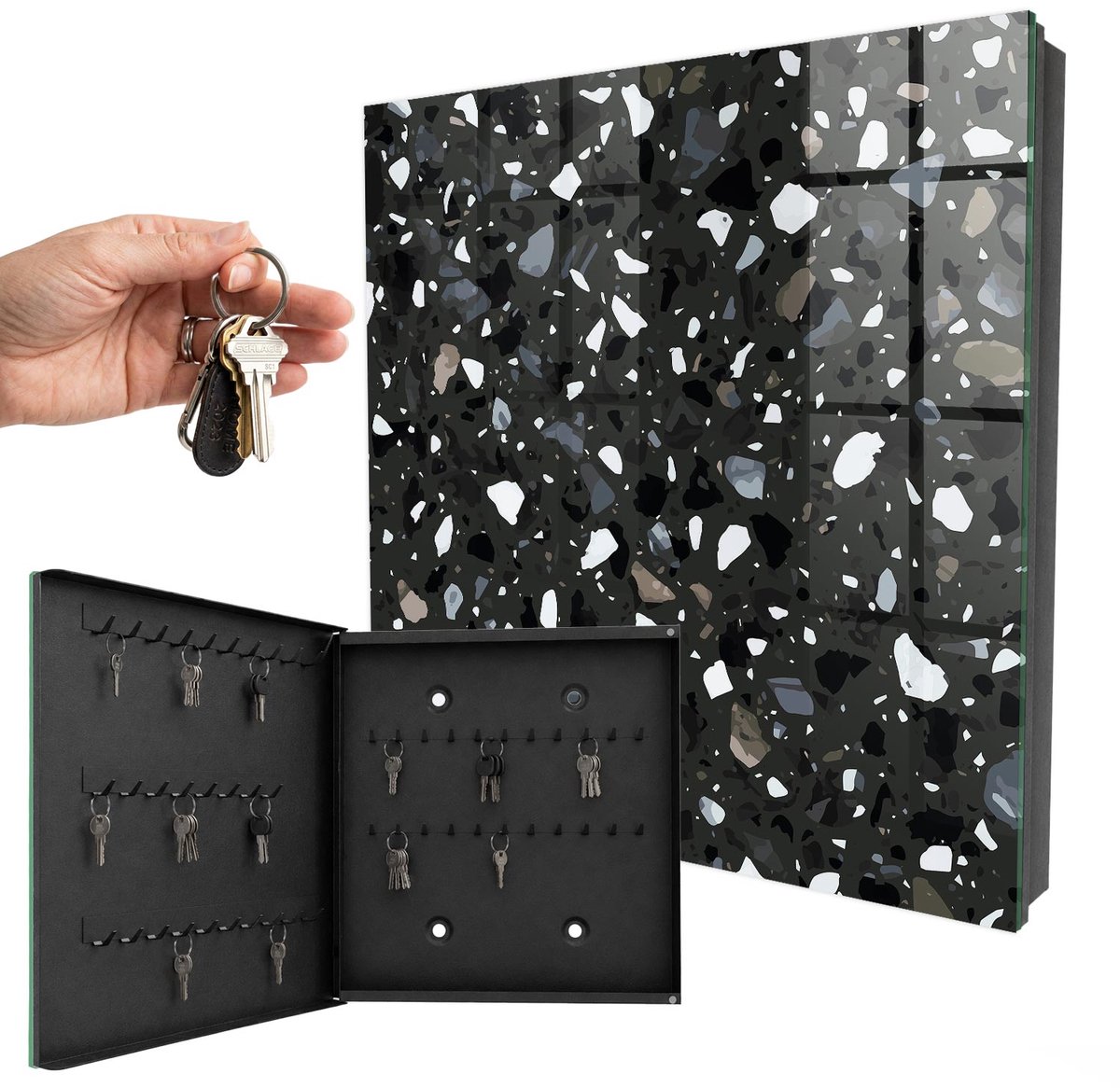 WallMuralia - Sleutelkast - 30x30x5 cm - met 50 haken - Stijlvol Mozaïek Design Sleutelkastje - Zwart Sleutelbox - Linksopenend - Zwart interieur