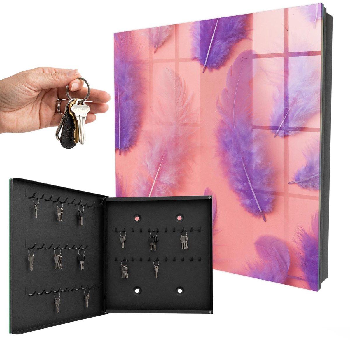 WallMuralia - Sleutelkast - 30x30x5 cm - met 50 haken - Paarse Veren Sleutelkastje Voor Binnen - Paars Sleutelbox - Linksopenend - Zwart interieur