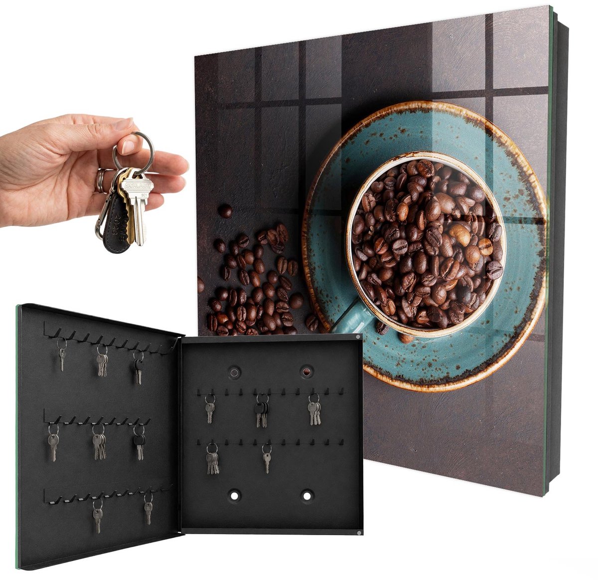 WallMuralia - Sleutelkast - 30x30x5 cm - met 50 haken - Koffiebonen Sleutelkastje Industrieel - Bruin Sleutelbox - Linksopenend - Zwart interieur