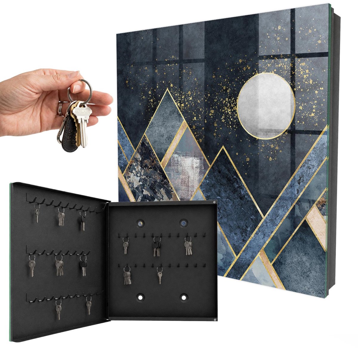 WallMuralia - Sleutelkast - 30x30x5 cm - met 50 haken - Hemelgeometrie Sleutelkastje Industrieel - Marine Sleutelbox - Linksopenend - Zwart interieur