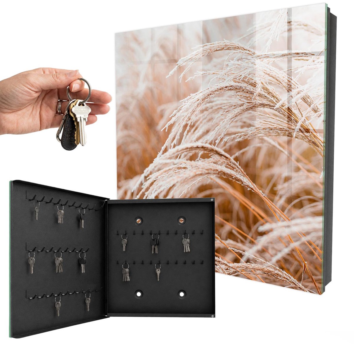 WallMuralia - Sleutelkast - 30x30x5 cm - met 50 haken - Tere Grassen Sleutelkastje Gang - Beige Sleutelbox - Linksopenend - Zwart interieur