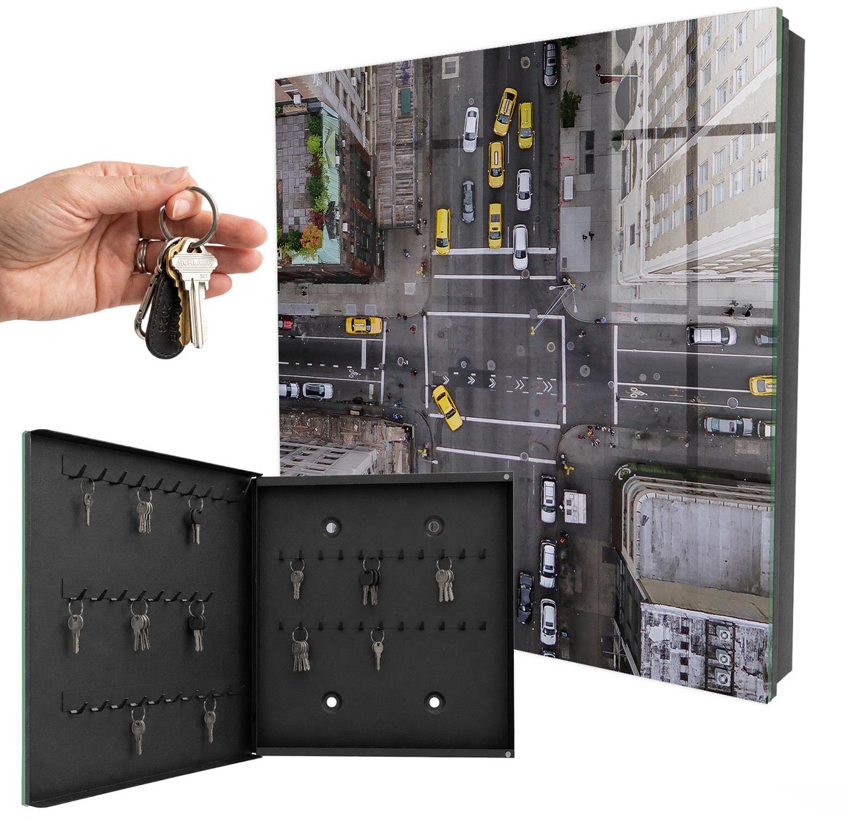 WallMuralia - Sleutelkast - 30x30x5 cm - met 50 haken - Stadsstraten Sleutelkastje Voor Binnen - Grijs Sleutelbox - Linksopenend - Zwart interieur