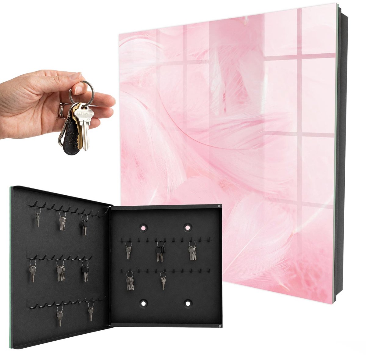 WallMuralia - Sleutelkast - 30x30x5 cm - met 50 haken - Roze Veren Sleutelkastje Huis - Roze Sleutelbox - Linksopenend - Zwart interieur