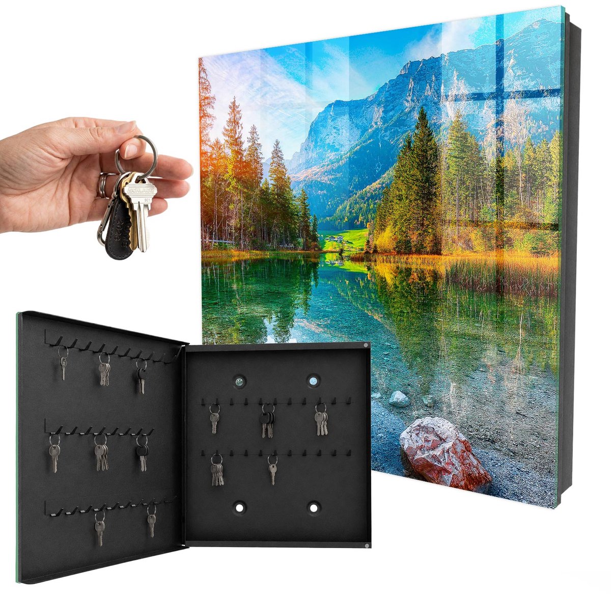 WallMuralia - Sleutelkast - 30x30x5 cm - met 50 haken - Berglandschap Sleutelkastje Industrieel - Groente Sleutelbox - Linksopenend - Zwart interieur