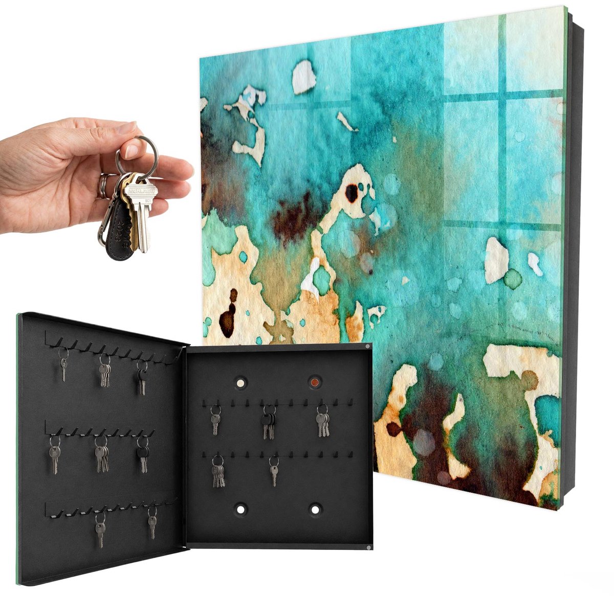 WallMuralia - Sleutelkast - 30x30x5 cm - met 50 haken - Turquoise Abstractie Design Sleutelkastje - Turkoois Sleutelbox - Linksopenend - Zwart interieur