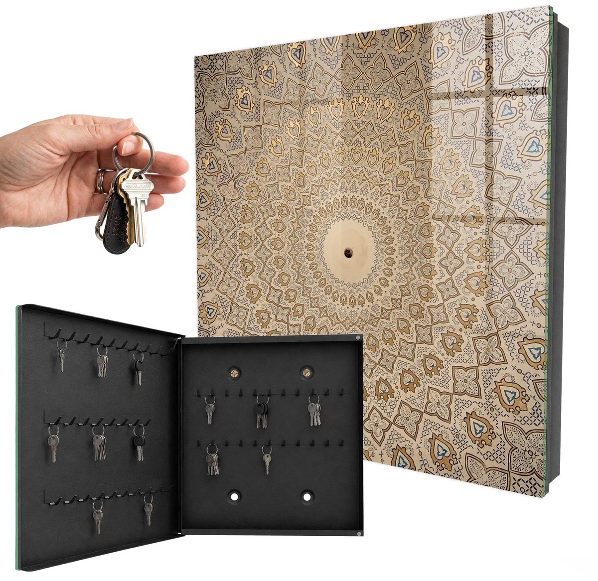 WallMuralia - Sleutelkast - 30x30x5 cm - met 50 haken - Decoratieve Mandala Sleutelkastje - Beige Sleutelbox - Linksopenend - Zwart interieur