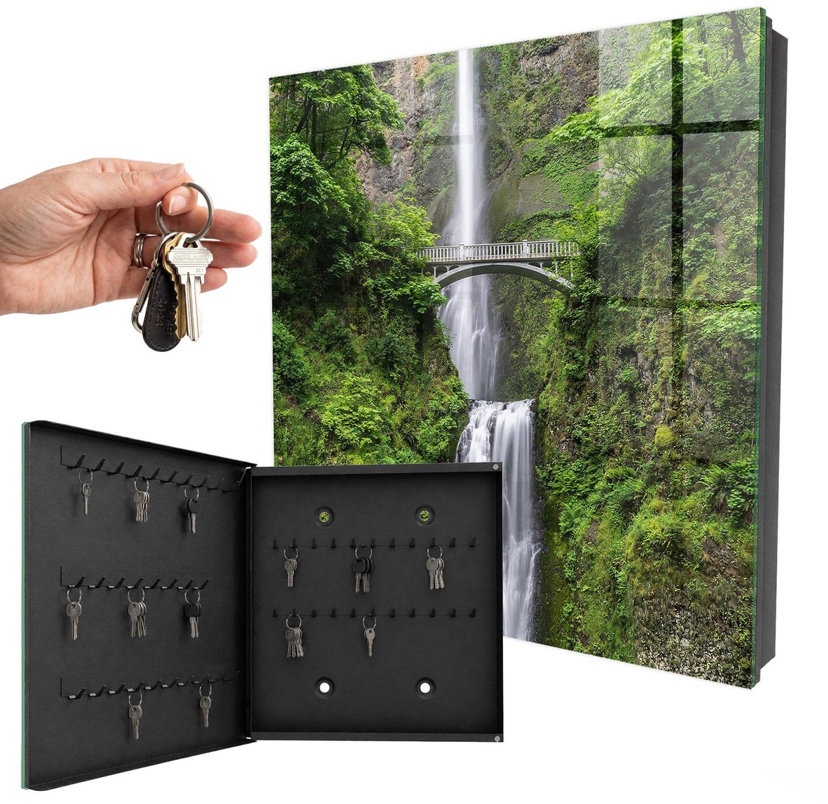 WallMuralia - Sleutelkast - 30x30x5 cm - met 50 haken - Natuurlijke Harmonie Sleutelkastje Hal - Groente Sleutelbox - Linksopenend - Zwart interieur