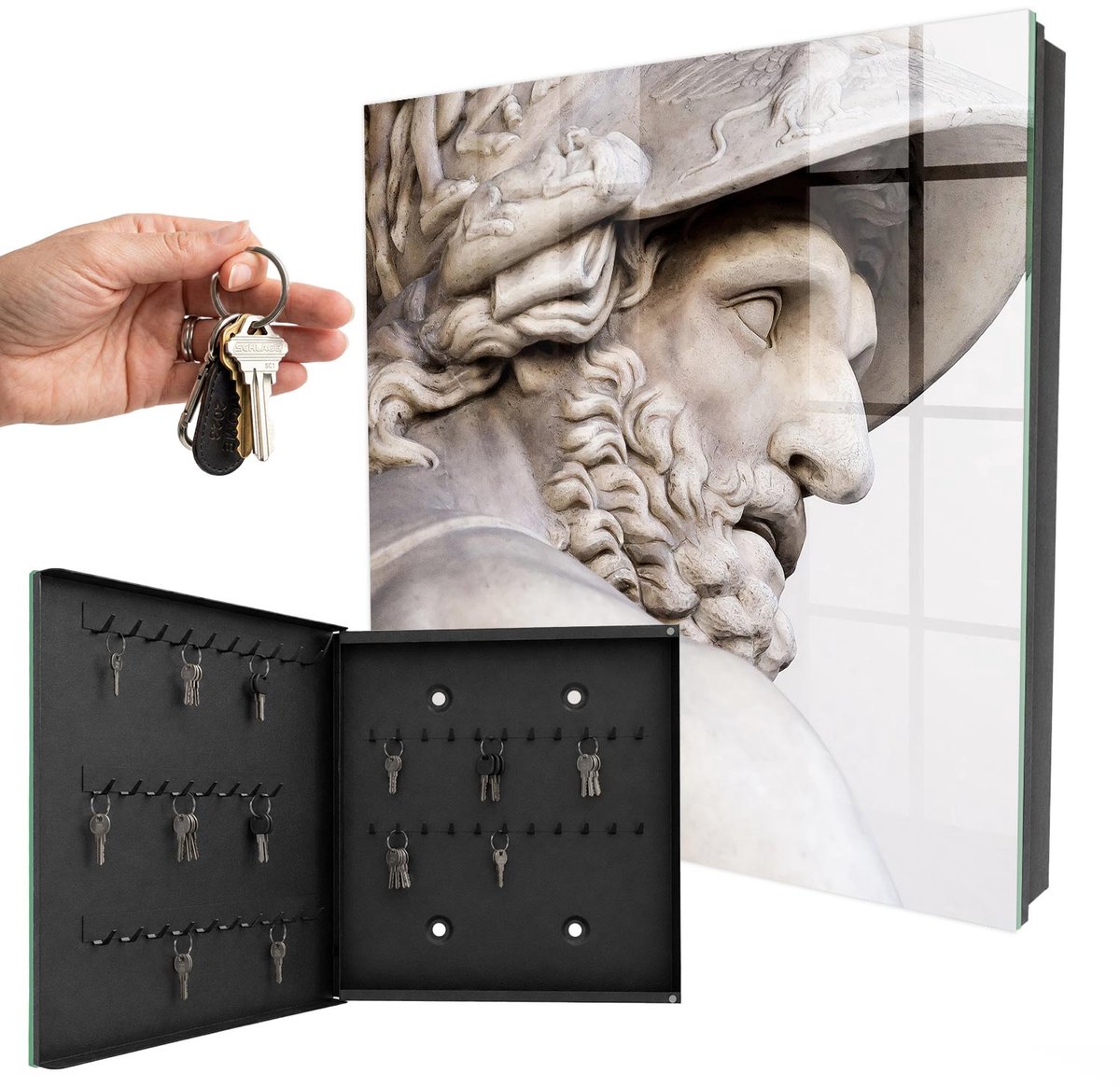 WallMuralia - Sleutelkast - 30x30x5 cm - met 50 haken - Antieke Elegantie Sleutelkastje Landelijk - Beige Sleutelbox - Linksopenend - Zwart interieur