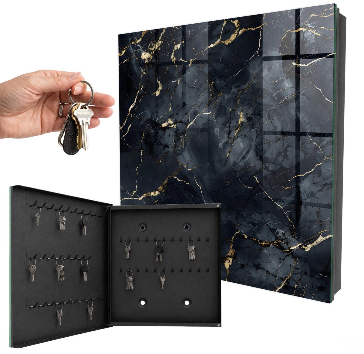WallMuralia - Sleutelkast - 30x30x5 cm - met 50 haken - Moderne Elegantie Leuk Sleutelkastje - Grijs Sleutelbox - Linksopenend - Zwart interieur