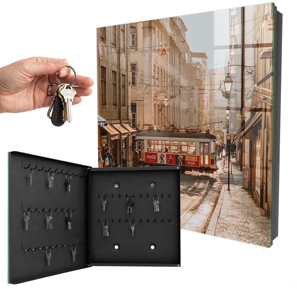 WallMuralia - Sleutelkast - 30x30x5 cm - met 50 haken - Stadsochtend Leuk Sleutelkastje - Beige Sleutelbox - Linksopenend - Zwart interieur