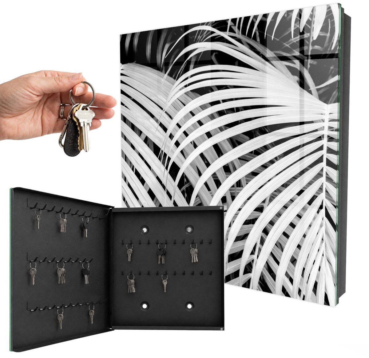 WallMuralia - Sleutelkast - 30x30x5 cm - met 50 haken - Palmbladeren Groot Sleutelkastje - Wit Sleutelbox - Linksopenend - Zwart interieur