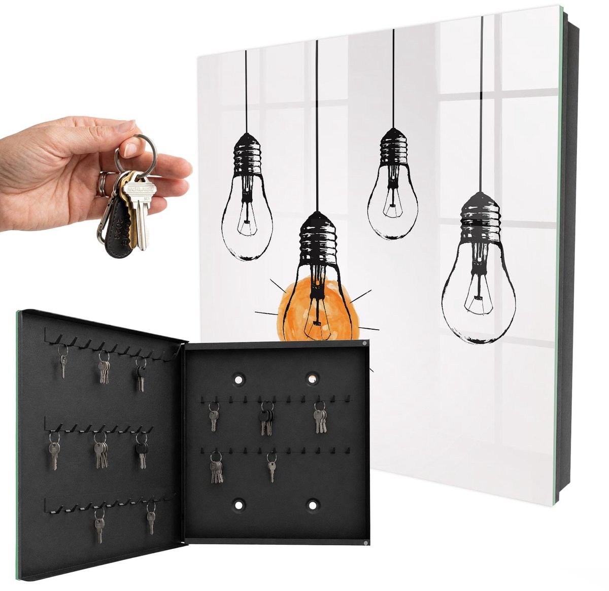 WallMuralia - Sleutelkast - 30x30x5 cm - met 50 haken - Gloeilampen Leuk Sleutelkastje - Wit Sleutelbox - Linksopenend - Zwart interieur