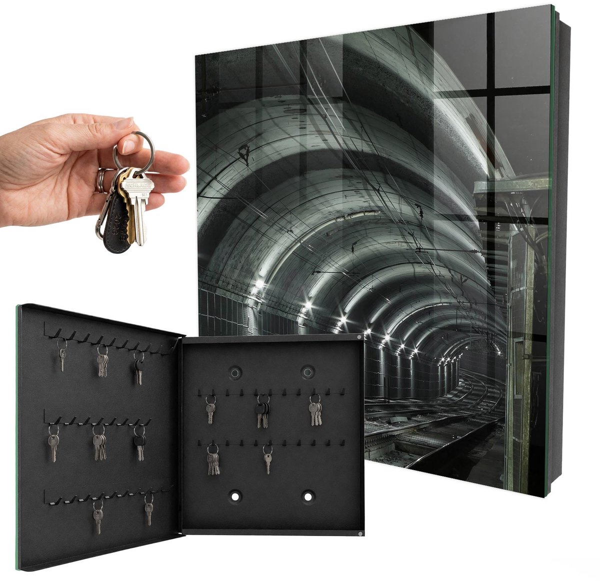 WallMuralia - Sleutelkast - 30x30x5 cm - met 50 haken - Spoorwegtunnel Sleutelkastje Hal - Grijs Sleutelbox - Linksopenend - Zwart interieur