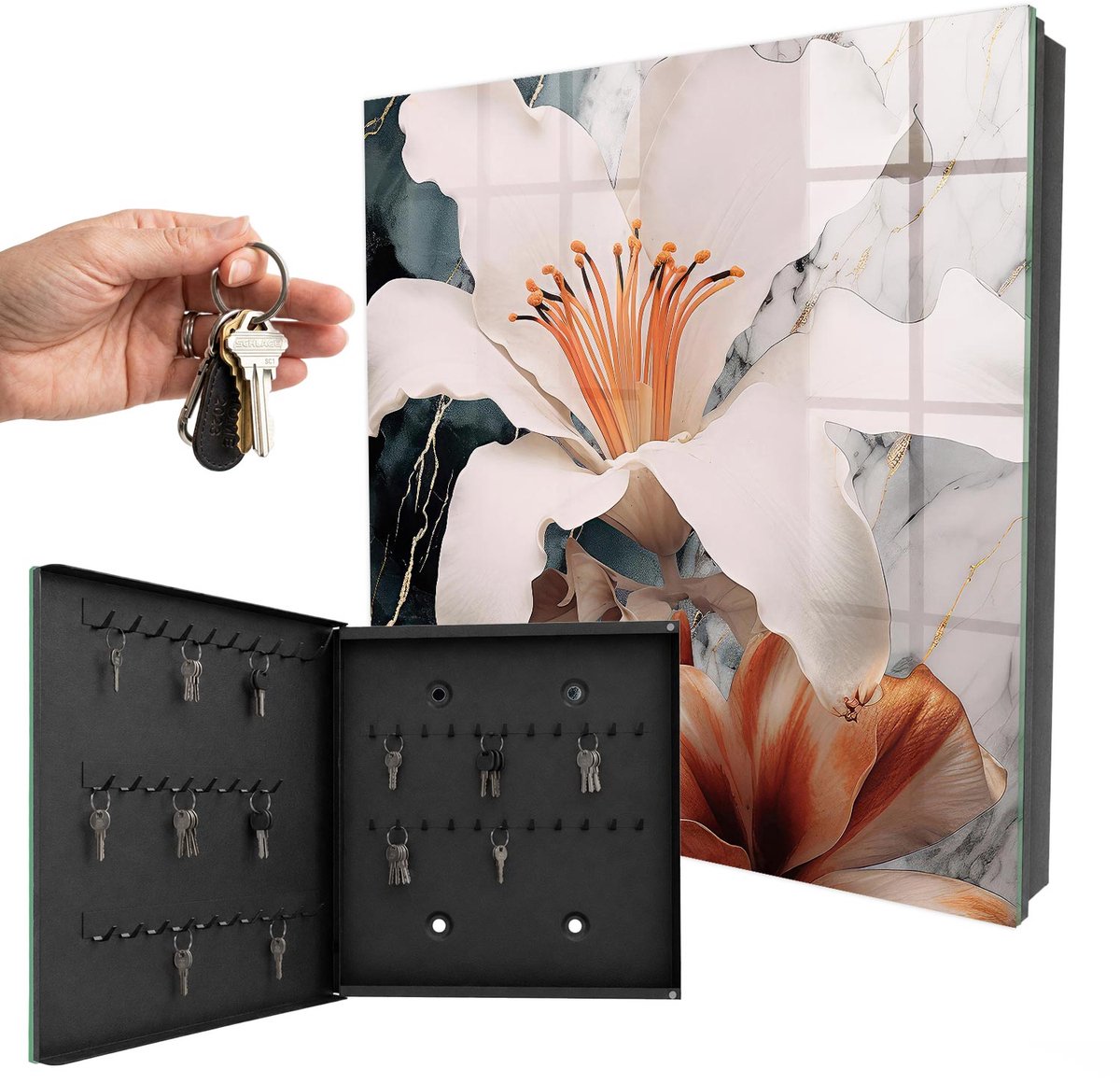 WallMuralia - Sleutelkast - 30x30x5 cm - met 50 haken - Bloemige Elegantie Sleutelkastje Hal - Wit Sleutelbox - Linksopenend - Zwart interieur