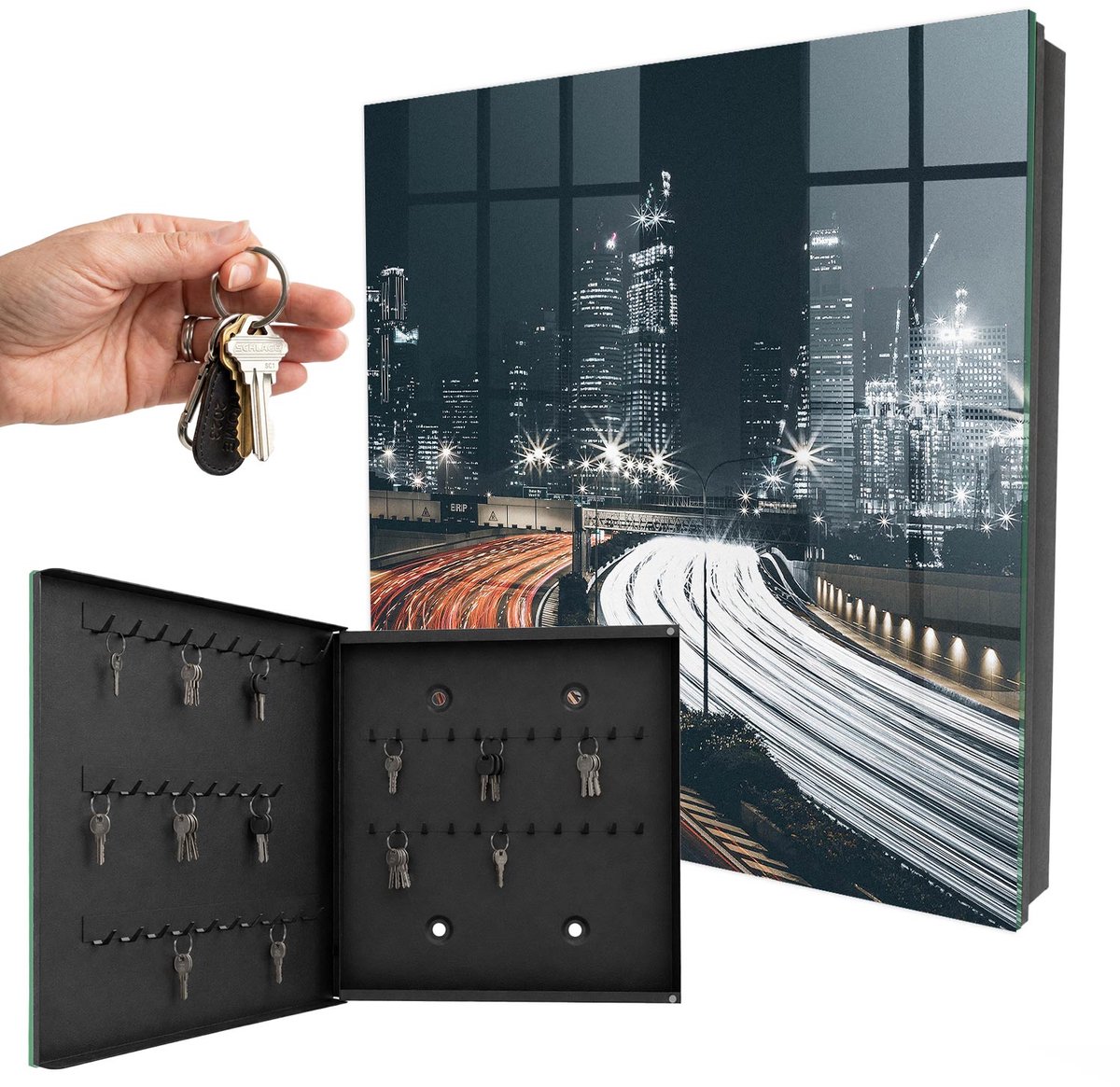 WallMuralia - Sleutelkast - 30x30x5 cm - met 50 haken - Stadsnacht Sleutelkastje Design - Zwart Sleutelbox - Linksopenend - Zwart interieur