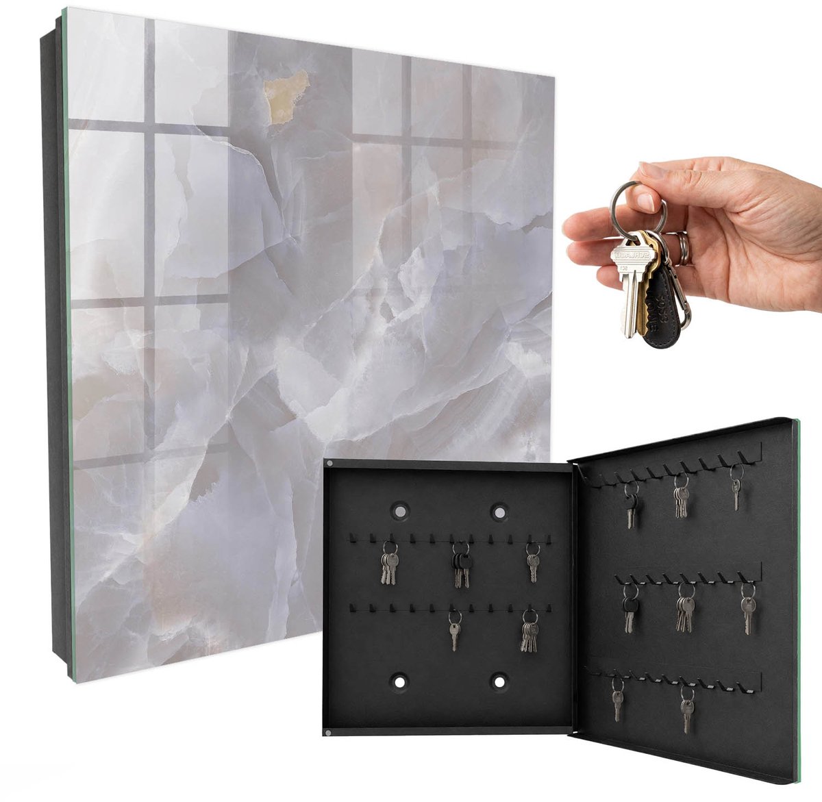 WallMuralia - Sleutelkast - 30x30x5 cm - met 50 haken - Grijze Elegantie Sleutelkastje Gang - Grijs Sleutelbox - Rechtsopenend - Zwart interieur