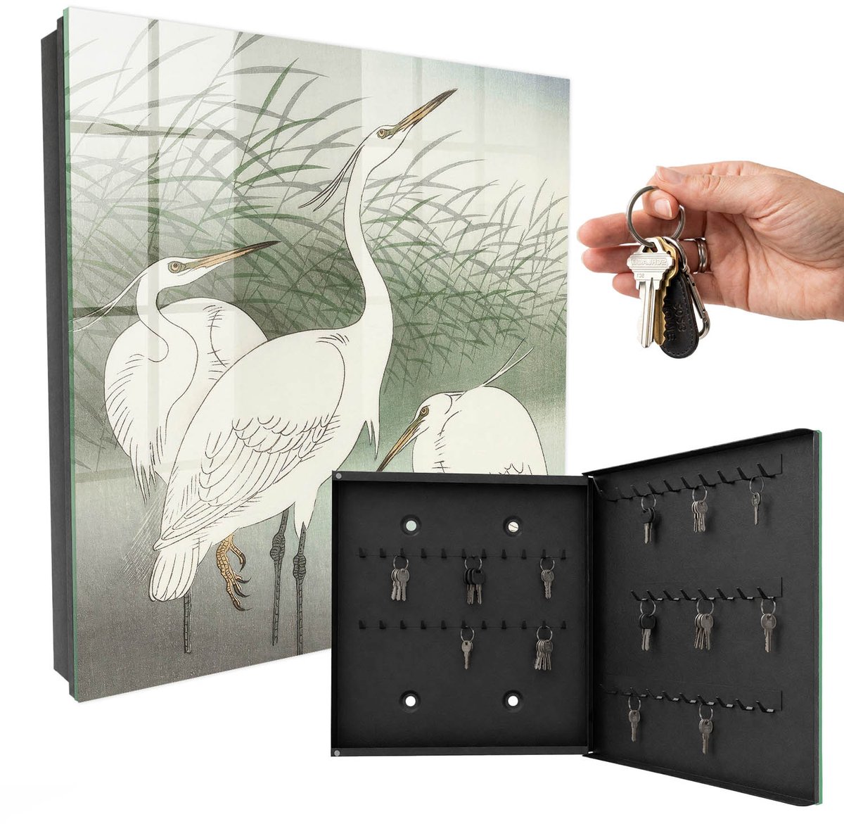 WallMuralia - Sleutelkast - 30x30x5 cm - met 50 haken - Reigers En Grassen Sleutelkastje Landelijk - Groente Sleutelbox - Rechtsopenend - Zwart interieur