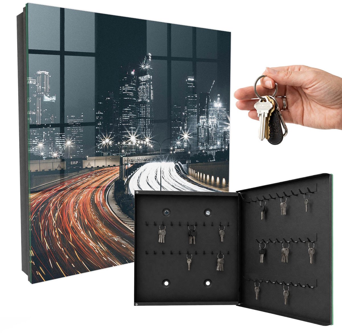 WallMuralia - Sleutelkast - 30x30x5 cm - met 50 haken - Stadsnacht Sleutelkastje - Zwart Sleutelbox - Rechtsopenend - Zwart interieur
