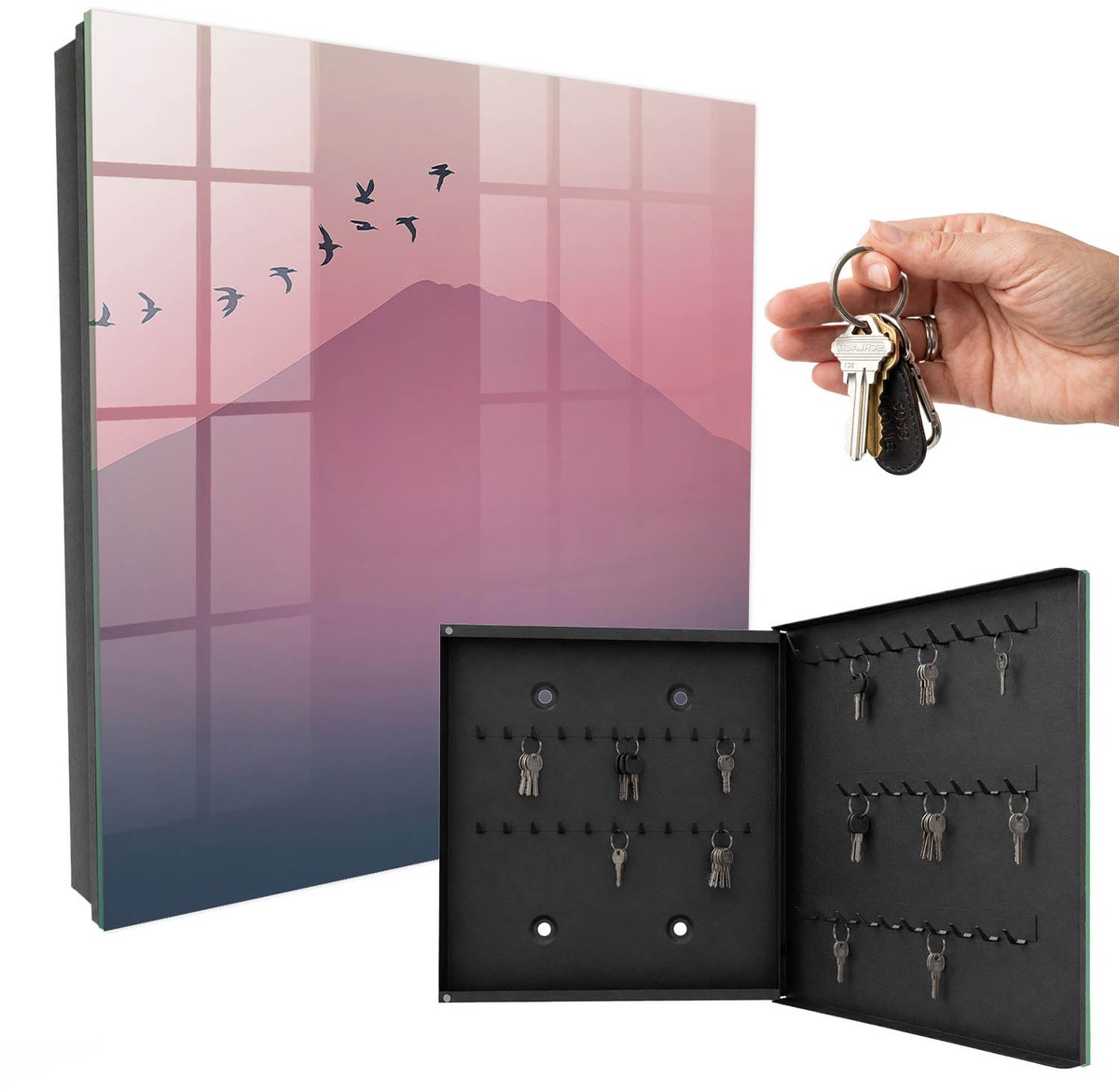 WallMuralia - Sleutelkast - 30x30x5 cm - met 50 haken - Vredige Natuur Sleutelkastje Gang - Roze Sleutelbox - Rechtsopenend - Zwart interieur