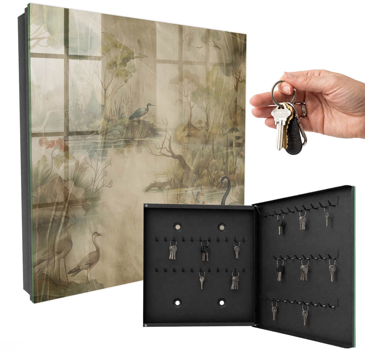 WallMuralia - Sleutelkast - 30x30x5 cm - met 50 haken - Idyllische Natuur Leuk Sleutelkastje - Beige Sleutelbox - Rechtsopenend - Zwart interieur