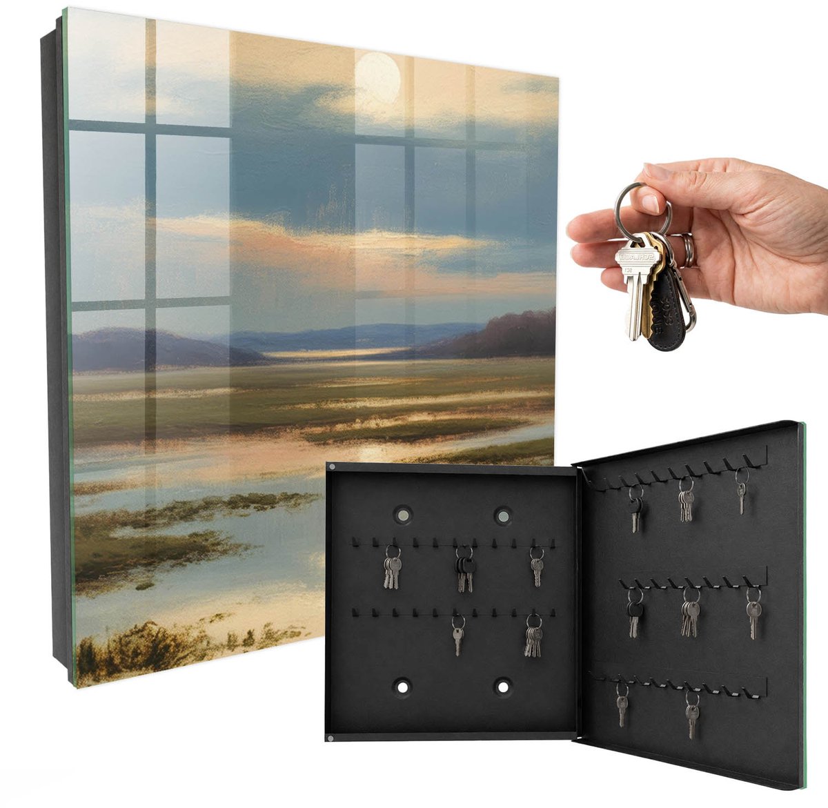 WallMuralia - Sleutelkast - 30x30x5 cm - met 50 haken - Landschap Van Vrede Sleutelkastje Muur - Beige Sleutelbox - Rechtsopenend - Zwart interieur