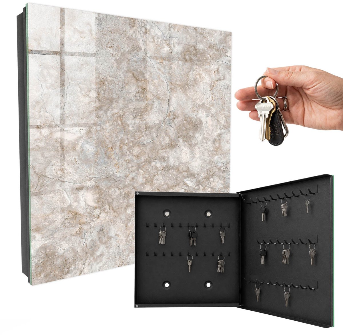 WallMuralia - Sleutelkast - 30x30x5 cm - met 50 haken - Marmeren Structuur Sleutelkastje Industrieel - Beige Sleutelbox - Rechtsopenend - Zwart interieur