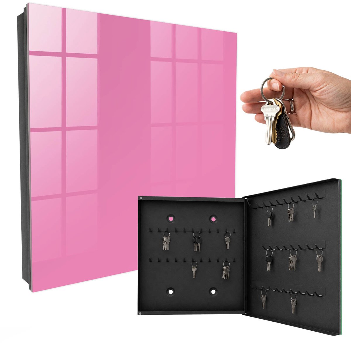 WallMuralia - Sleutelkast - 30x30x5 cm - met 50 haken - Koel Roze Sleutelkastje Muur - Roze Sleutelbox - Rechtsopenend - Zwart interieur