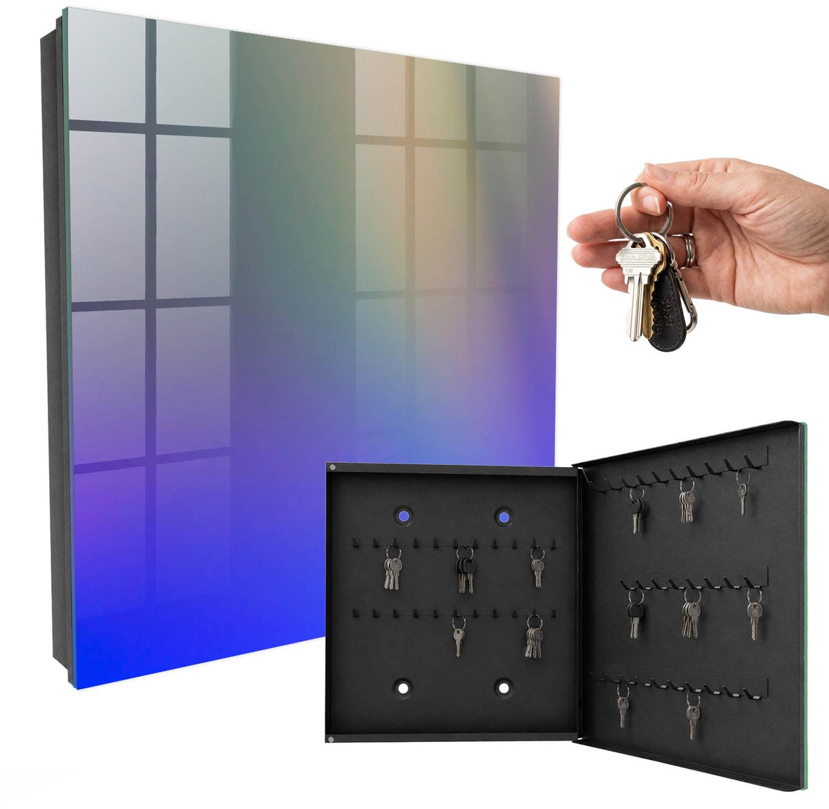 WallMuralia - Sleutelkast - 30x30x5 cm - met 50 haken - Kleurrijke Harmonie Sleutelkastje Voor Binnen - Blauw Sleutelbox - Rechtsopenend - Zwart interieur