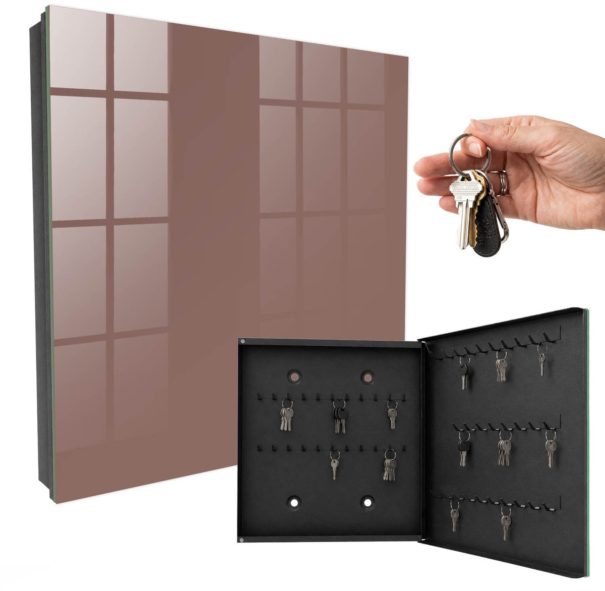 WallMuralia - Sleutelkast - 30x30x5 cm - met 50 haken - Pastelbruin Sleutelkastje Voor Binnen - Bruin Sleutelbox - Rechtsopenend - Zwart interieur