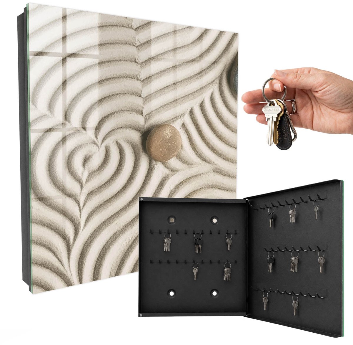 WallMuralia - Sleutelkast - 30x30x5 cm - met 50 haken - Zen-Compositie Sleutelkastje Modern - Romig Sleutelbox - Rechtsopenend - Zwart interieur