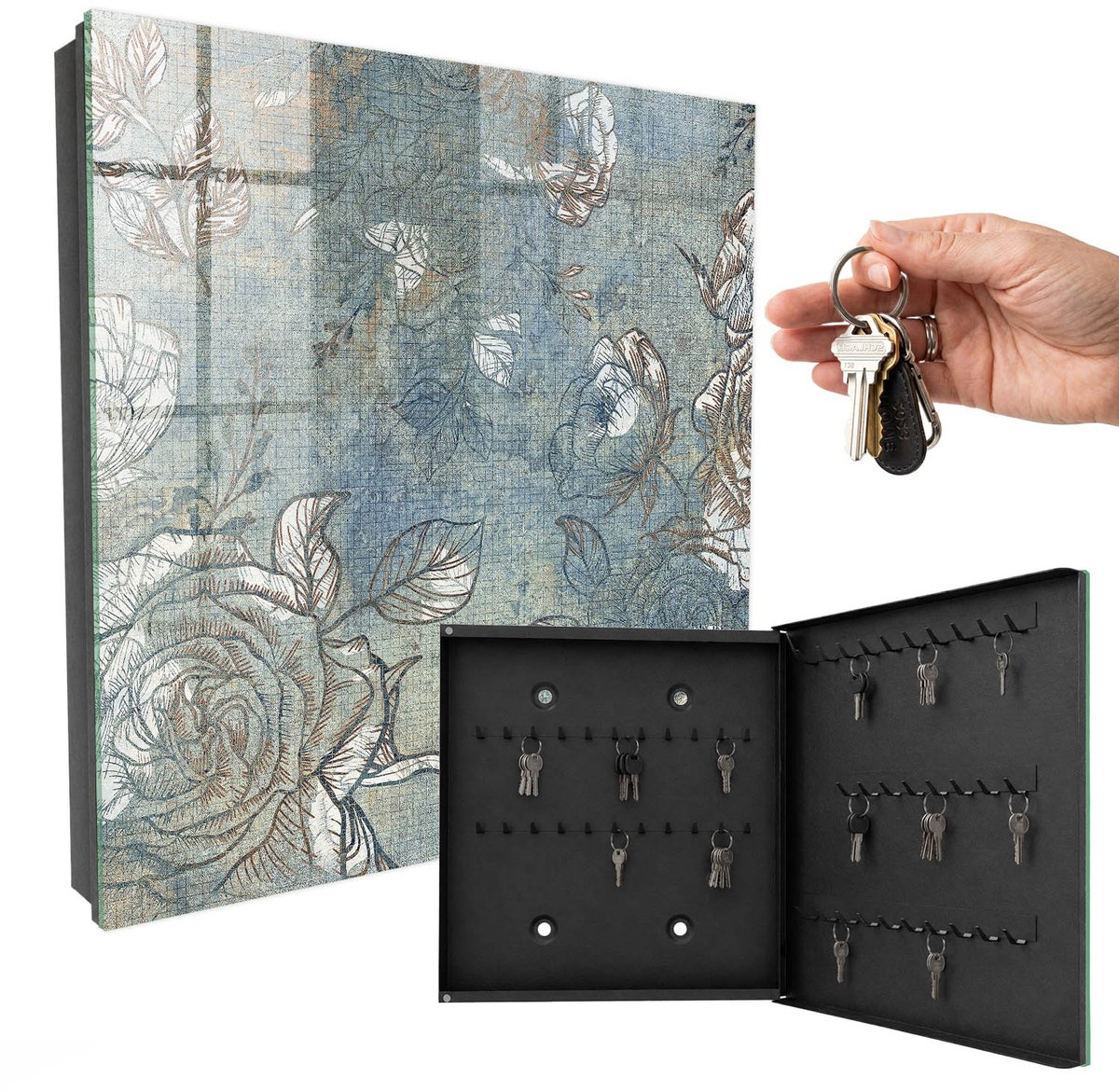 WallMuralia - Sleutelkast - 30x30x5 cm - met 50 haken - Bloemenpatroon Groot Sleutelkastje - Blauw Sleutelbox - Rechtsopenend - Zwart interieur