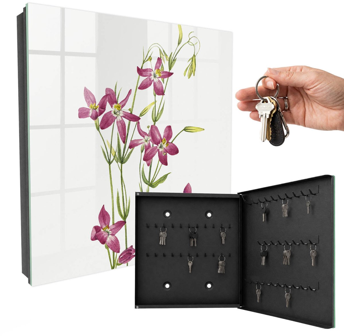 WallMuralia - Sleutelkast - 30x30x5 cm - met 50 haken - Roze Bloemen Sleutelkastje Industrieel - Roze Sleutelbox - Rechtsopenend - Zwart interieur