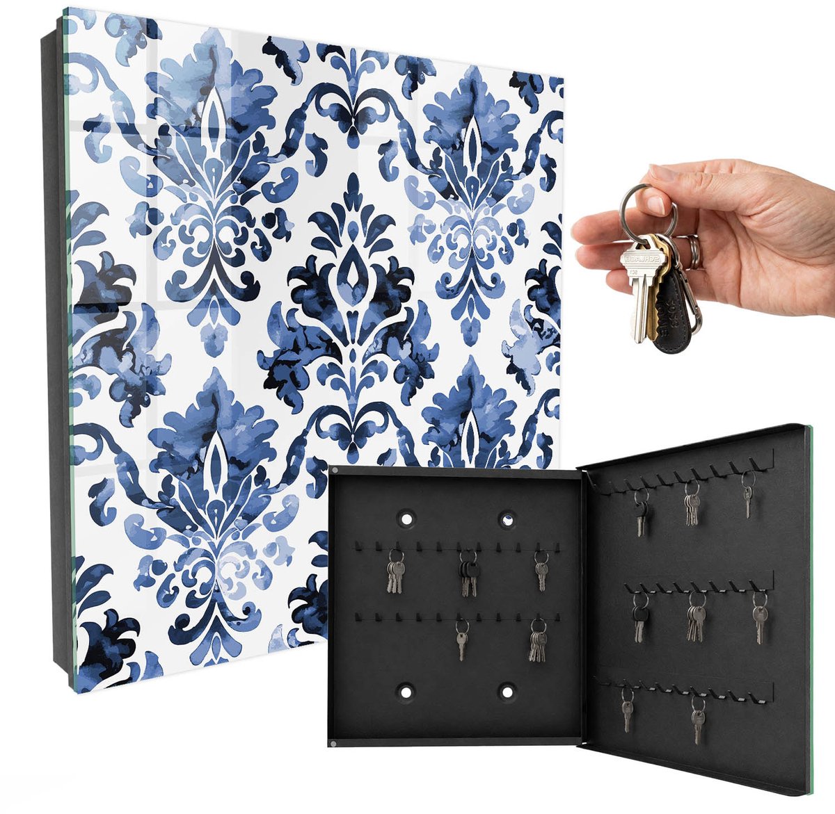 WallMuralia - Sleutelkast - 30x30x5 cm - met 50 haken - Blauwe Ornamenten Sleutelkastje - Blauw Sleutelbox - Rechtsopenend - Zwart interieur