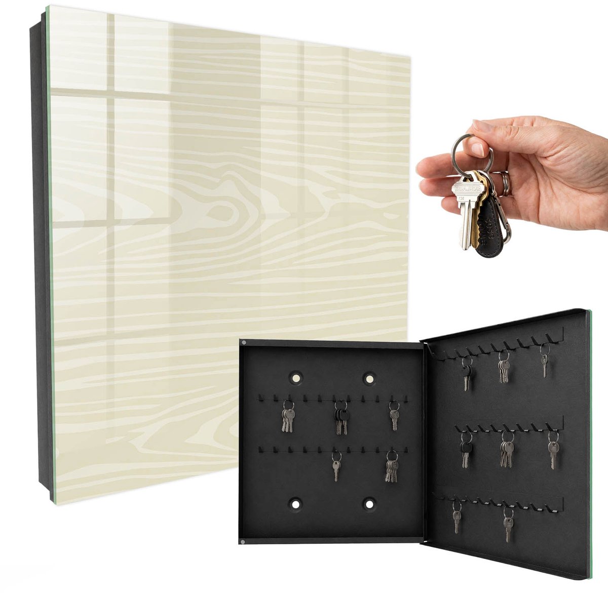 WallMuralia - Sleutelkast - 30x30x5 cm - met 50 haken - Houten Constructie Sleutelkastje - Beige Sleutelbox - Rechtsopenend - Zwart interieur