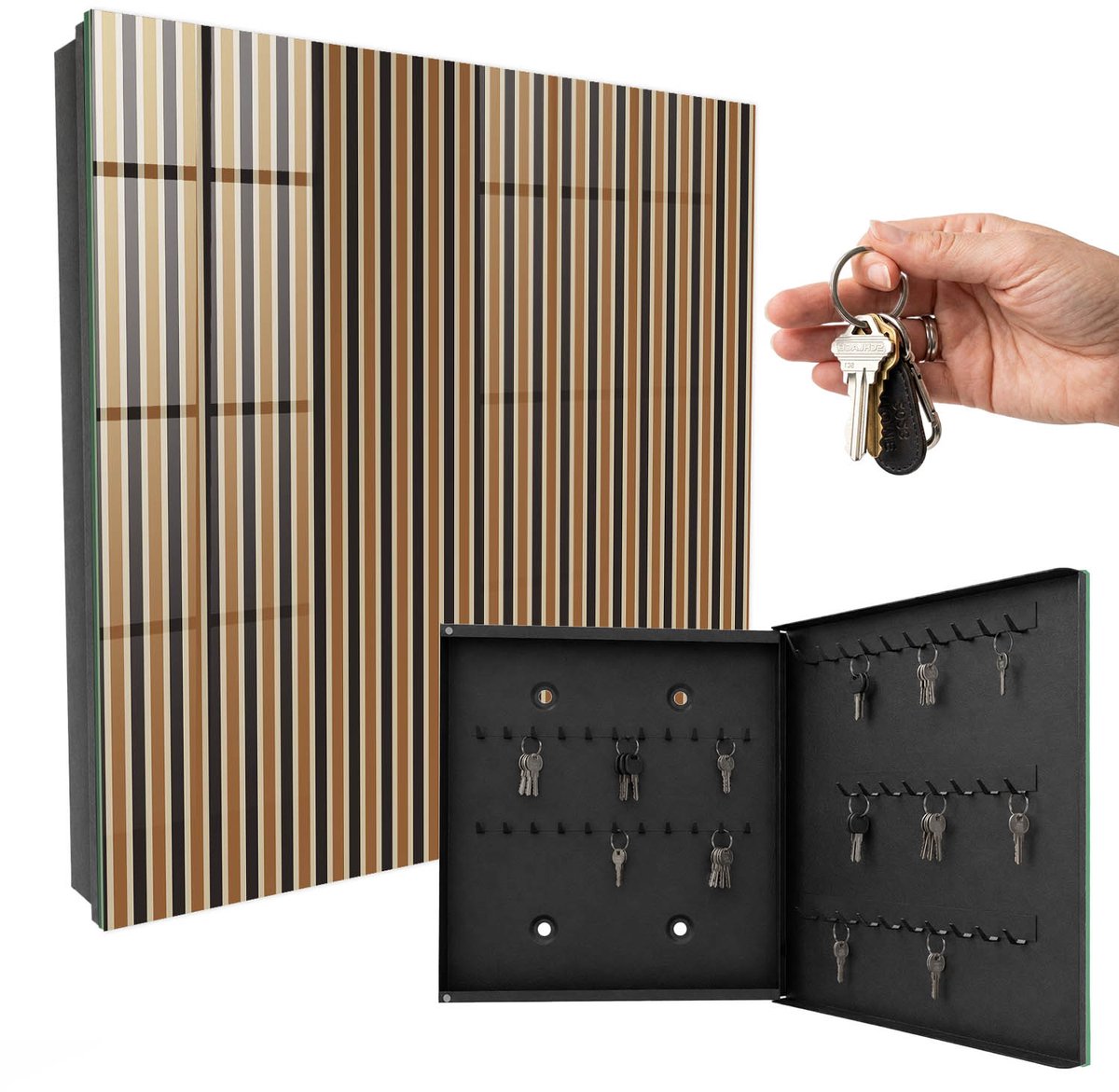 WallMuralia - Sleutelkast - 30x30x5 cm - met 50 haken - Minimalistische Strepen Groot Sleutelkastje - Bruin Sleutelbox - Rechtsopenend - Zwart interieur