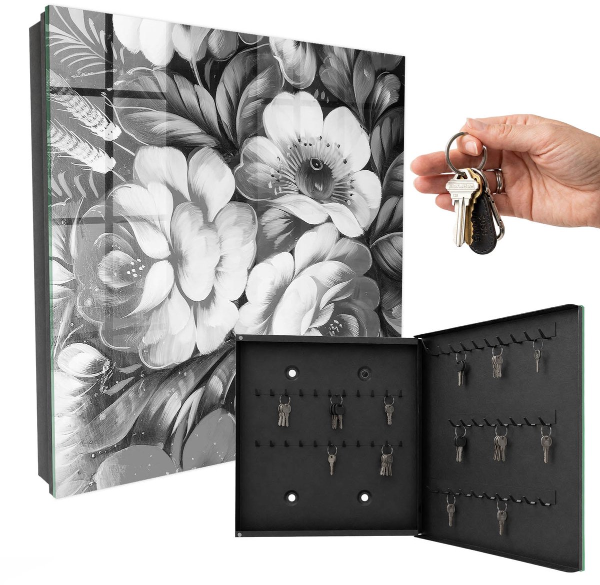WallMuralia - Sleutelkast - 30x30x5 cm - met 50 haken - Monochromatische Bloemen Sleutelkastje Modern - Grijs Sleutelbox - Rechtsopenend - Zwart interieur