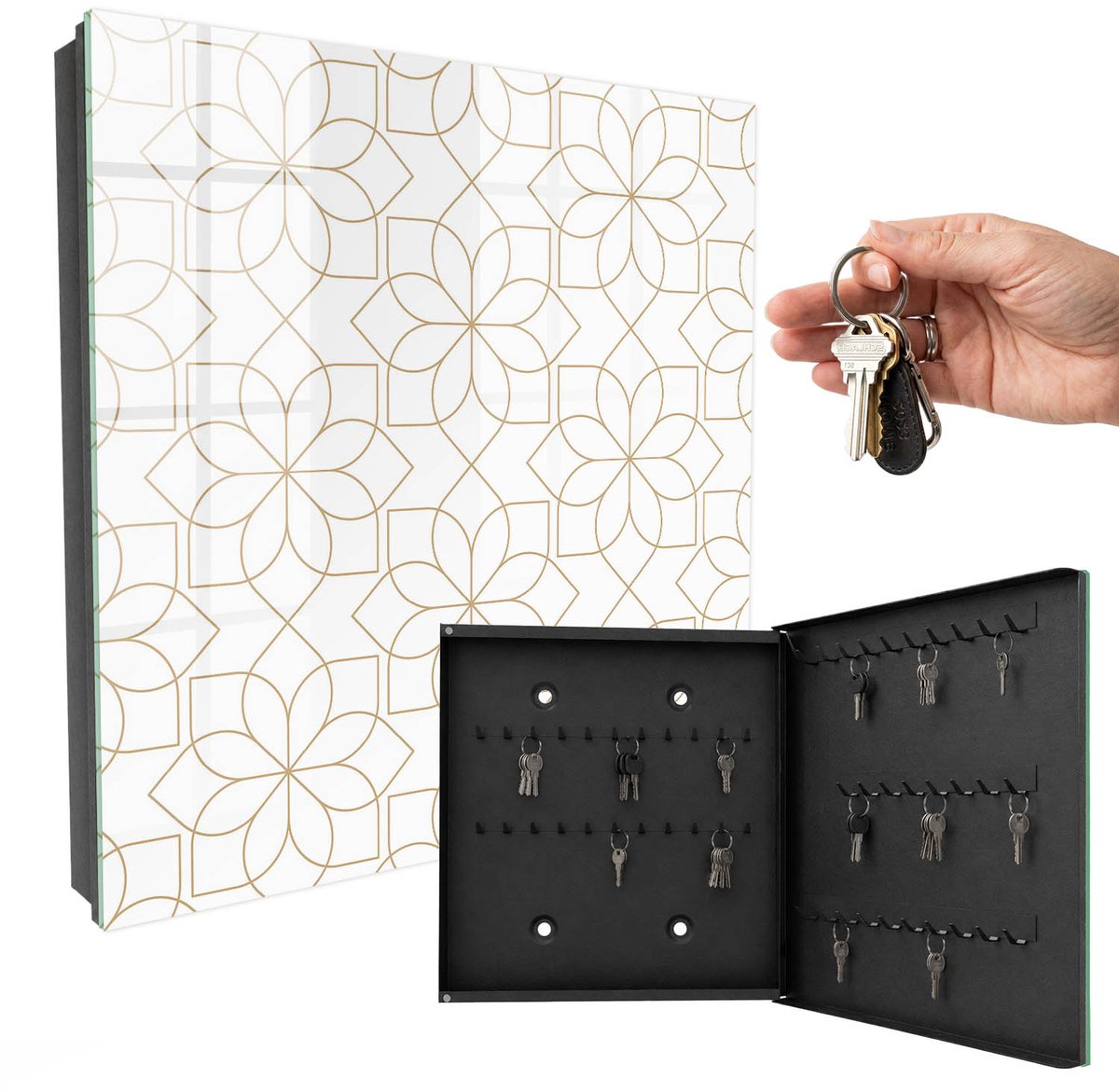 WallMuralia - Sleutelkast - 30x30x5 cm - met 50 haken - Bloemenpatroon Sleutelkastje Huis - Wit Sleutelbox - Rechtsopenend - Zwart interieur