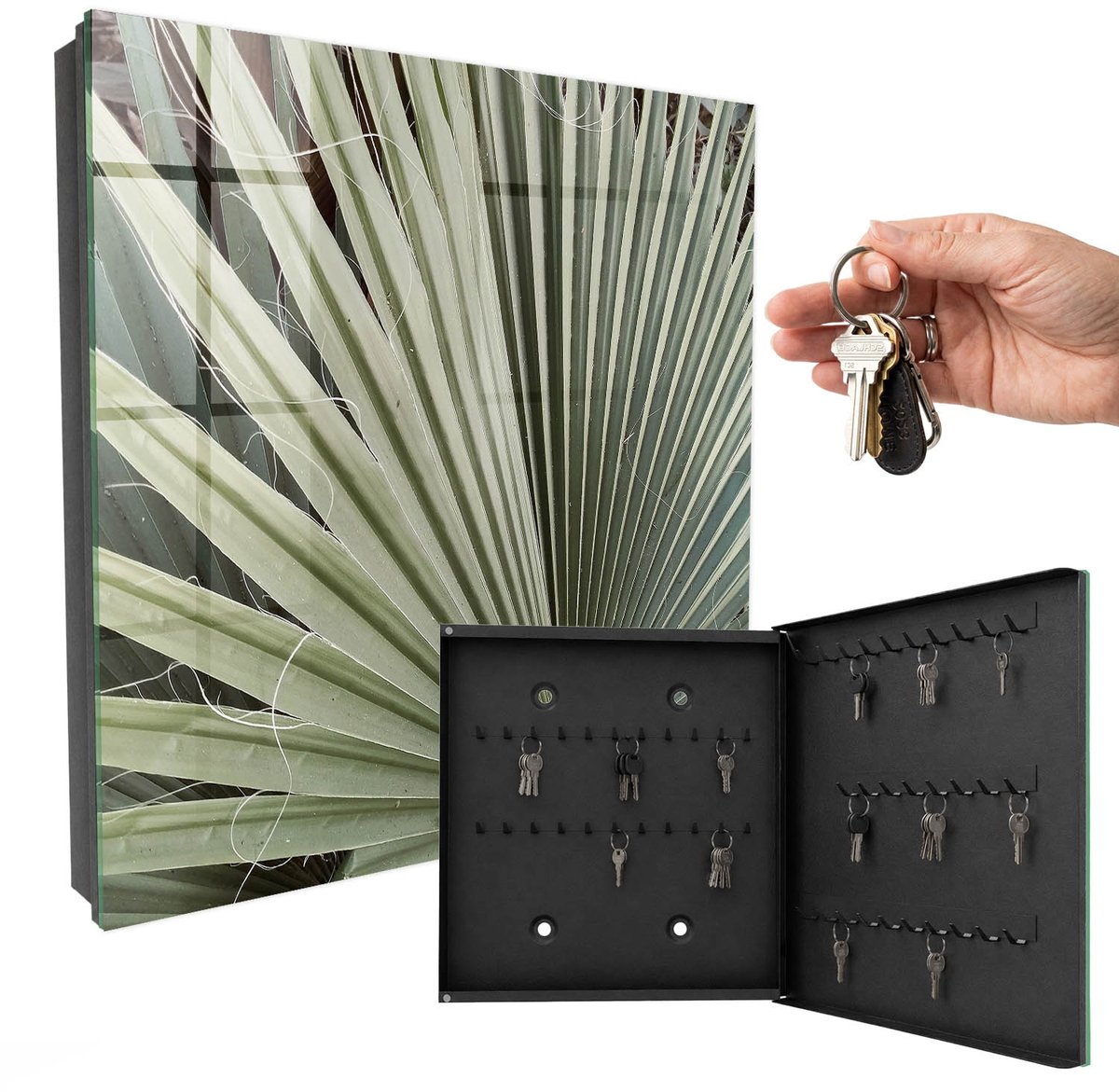 WallMuralia - Sleutelkast - 30x30x5 cm - met 50 haken - Palmblad Sleutelkastje Industrieel - Groente Sleutelbox - Rechtsopenend - Zwart interieur