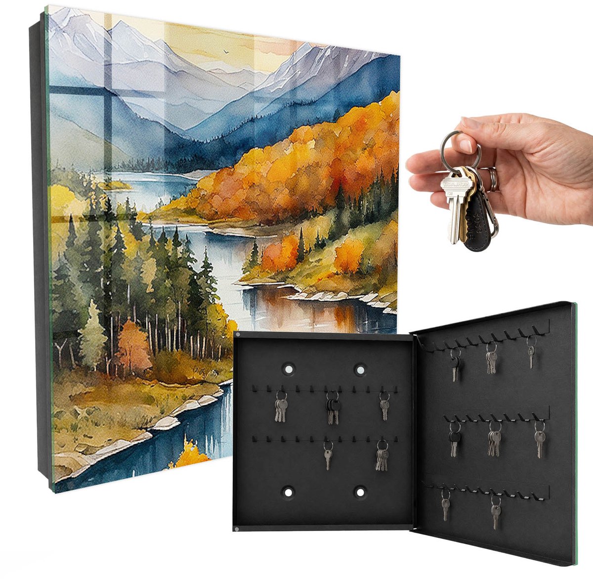 WallMuralia - Sleutelkast - 30x30x5 cm - met 50 haken - Bergherfst Sleutelkastje Gang - Oranje Sleutelbox - Rechtsopenend - Zwart interieur
