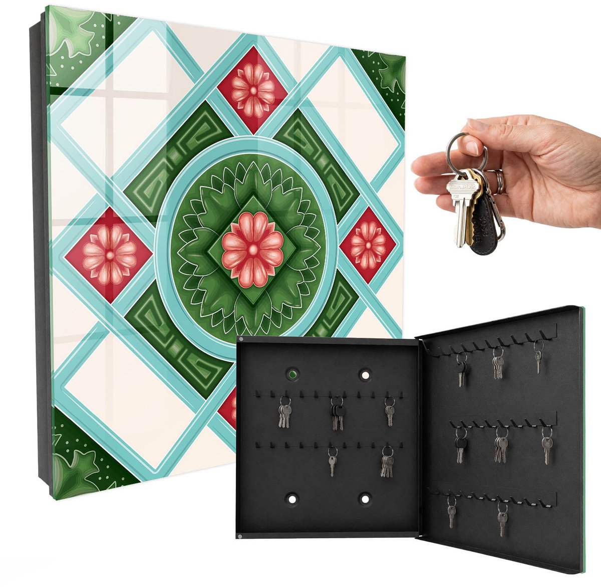 WallMuralia - Sleutelkast - 30x30x5 cm - met 50 haken - Bloemgeometrie Design Sleutelkastje - Groente Sleutelbox - Rechtsopenend - Zwart interieur