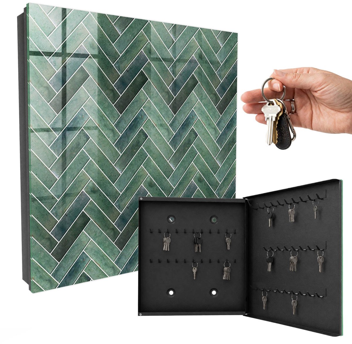 WallMuralia - Sleutelkast - 30x30x5 cm - met 50 haken - Groene Visgraat Design Sleutelkastje - Groente Sleutelbox - Rechtsopenend - Zwart interieur