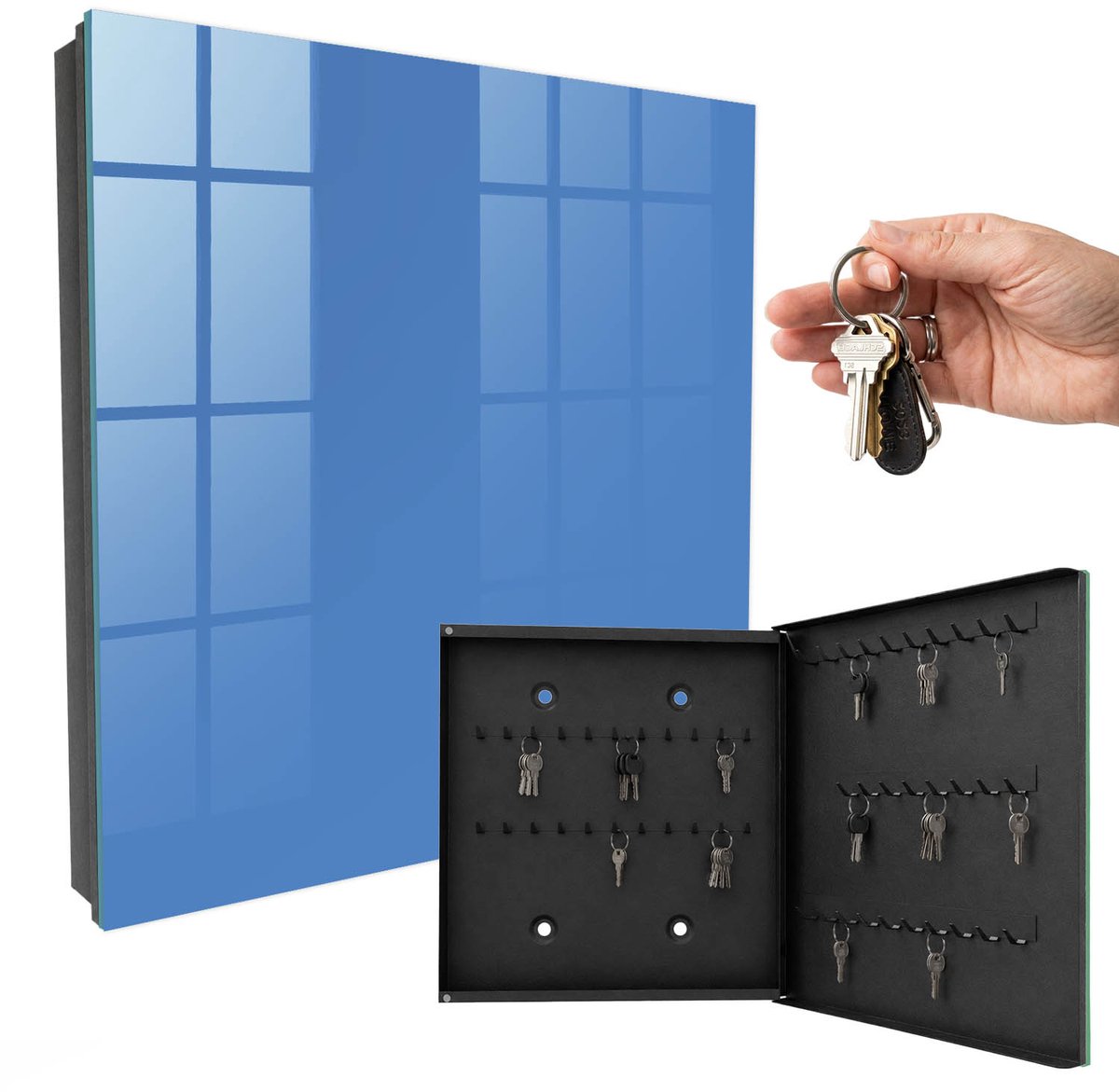 WallMuralia - Sleutelkast - 30x30x5 cm - met 50 haken - Blauwe Kleur Sleutelkastje Modern - Blauw Sleutelbox - Rechtsopenend - Zwart interieur