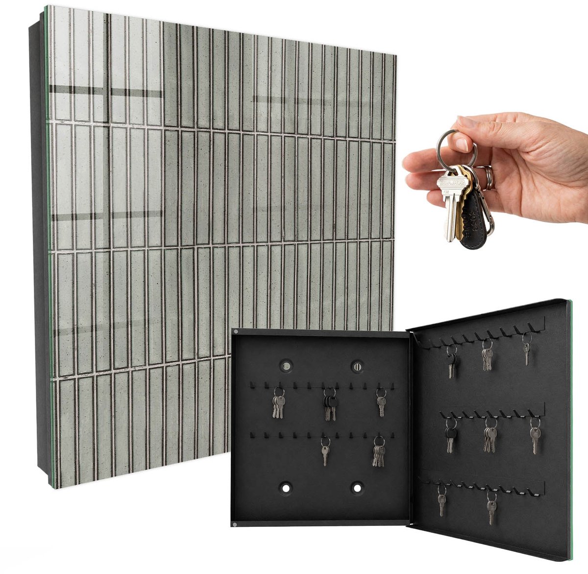 WallMuralia - Sleutelkast - 30x30x5 cm - met 50 haken - Grijze Tegels Groot Sleutelkastje - Grijs Sleutelbox - Rechtsopenend - Zwart interieur