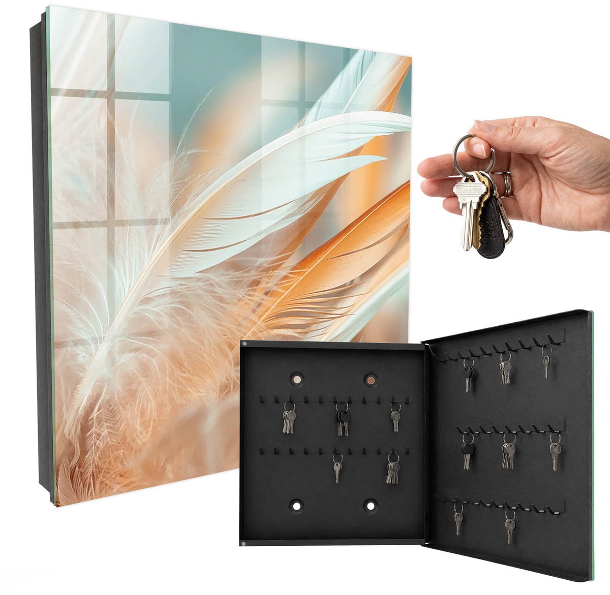 WallMuralia - Sleutelkast - 30x30x5 cm - met 50 haken - Pastelkleurige Veren Sleutelkastje Binnen - Beige Sleutelbox - Rechtsopenend - Zwart interieur