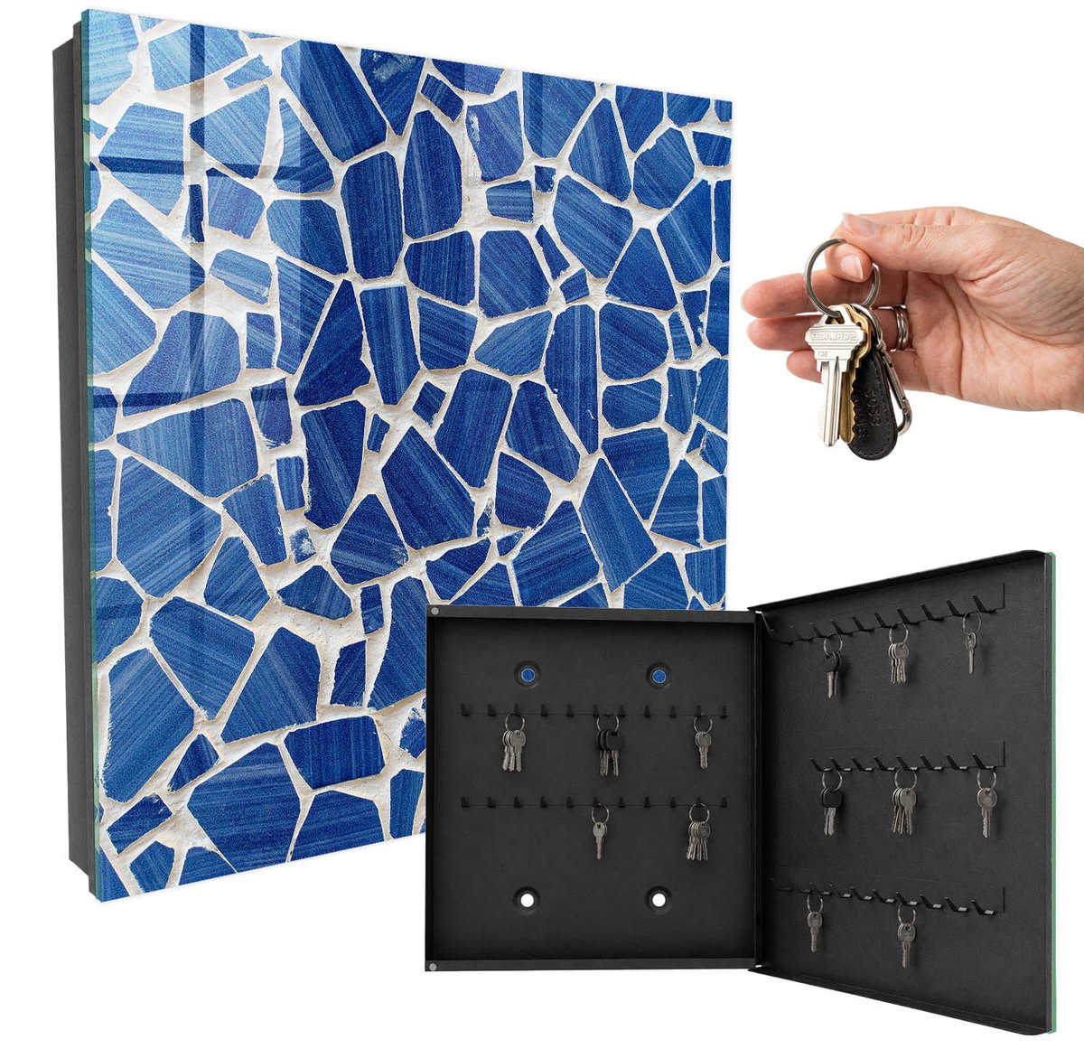 WallMuralia - Sleutelkast - 30x30x5 cm - met 50 haken - Blauw Mozaïek Sleutelkastje Huis - Blauw Sleutelbox - Rechtsopenend - Zwart interieur