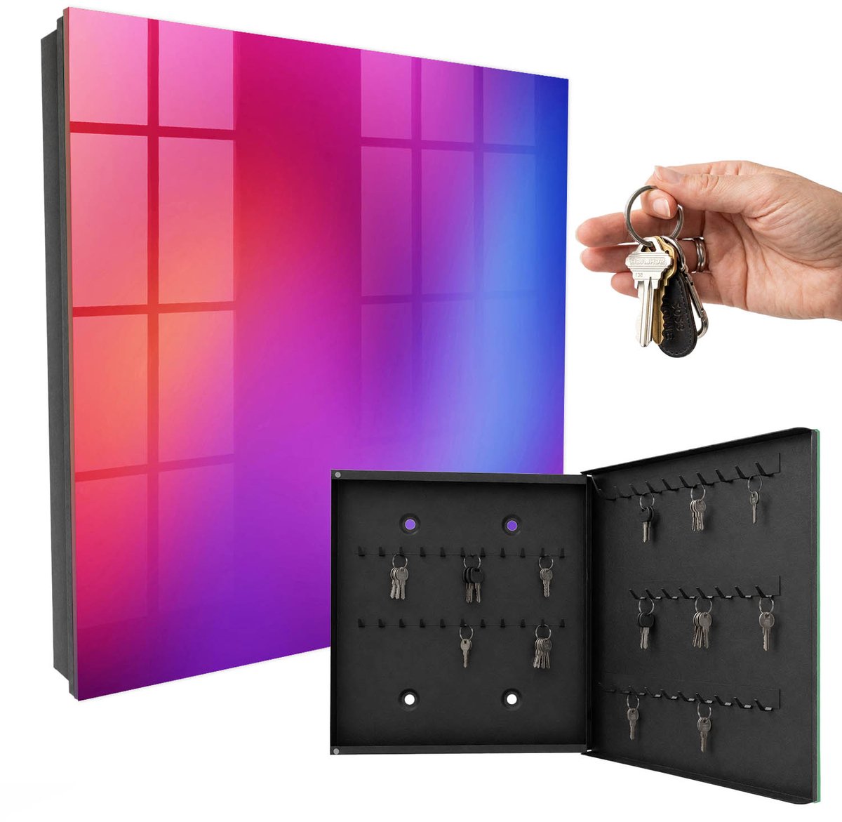 WallMuralia - Sleutelkast - 30x30x5 cm - met 50 haken - Kleurrijk Genot Sleutelkastje Huis - Paars Sleutelbox - Rechtsopenend - Zwart interieur