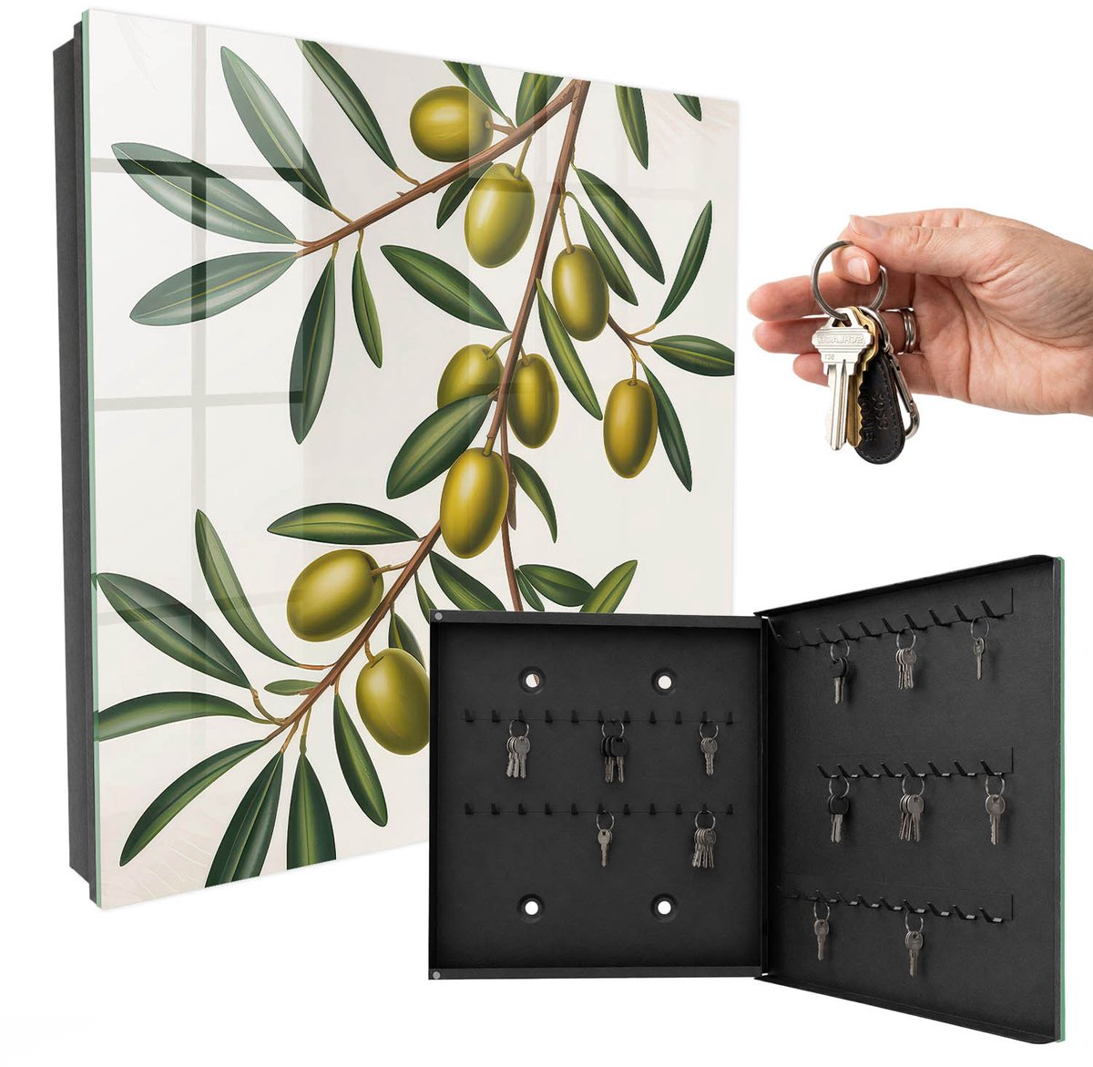 WallMuralia - Sleutelkast - 30x30x5 cm - met 50 haken - Olijven Aan Een Tak Sleutelkastje Voor Binnen - Groente Sleutelbox - Rechtsopenend - Zwart interieur