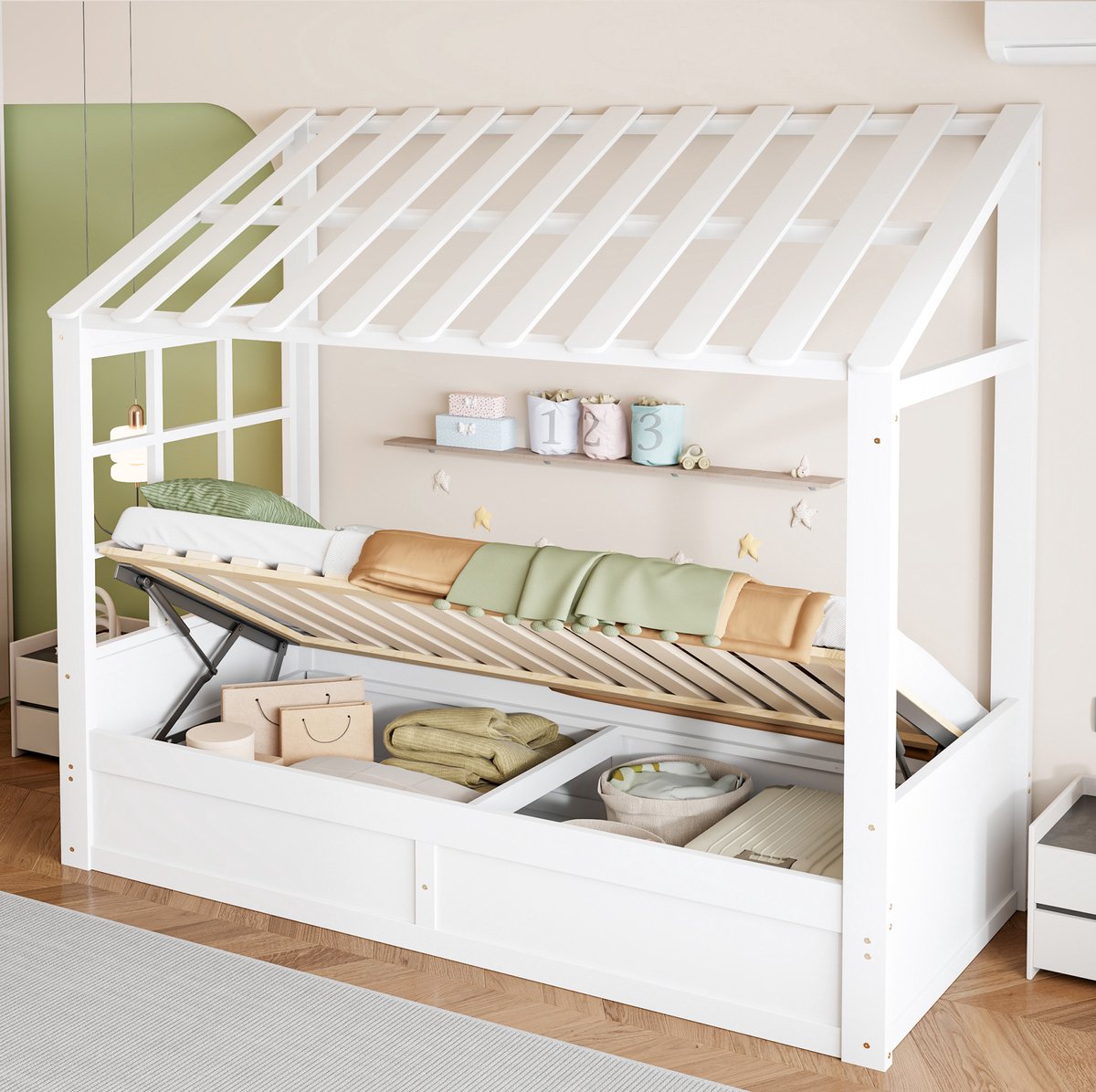 FloraGrace Hoogslaper 90 x 200 cm - Huisvormig Kinderbed Met Dak, Raam En Opbergruimte - Hout - Wit - Zonder Matras